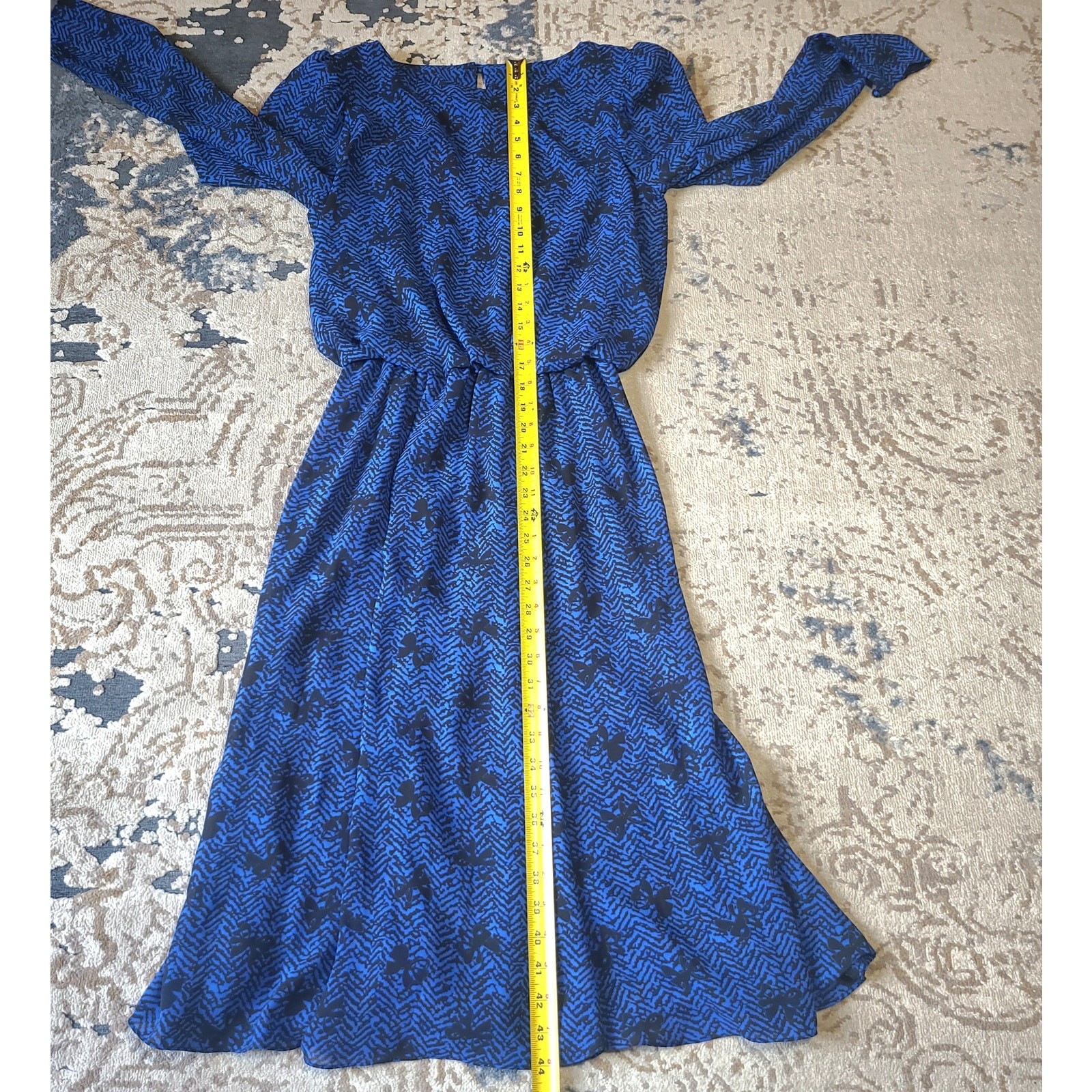 Vintage Alison Peters Blousen Dress Bow Novelty Print Dark Blue Womens Size 9/10