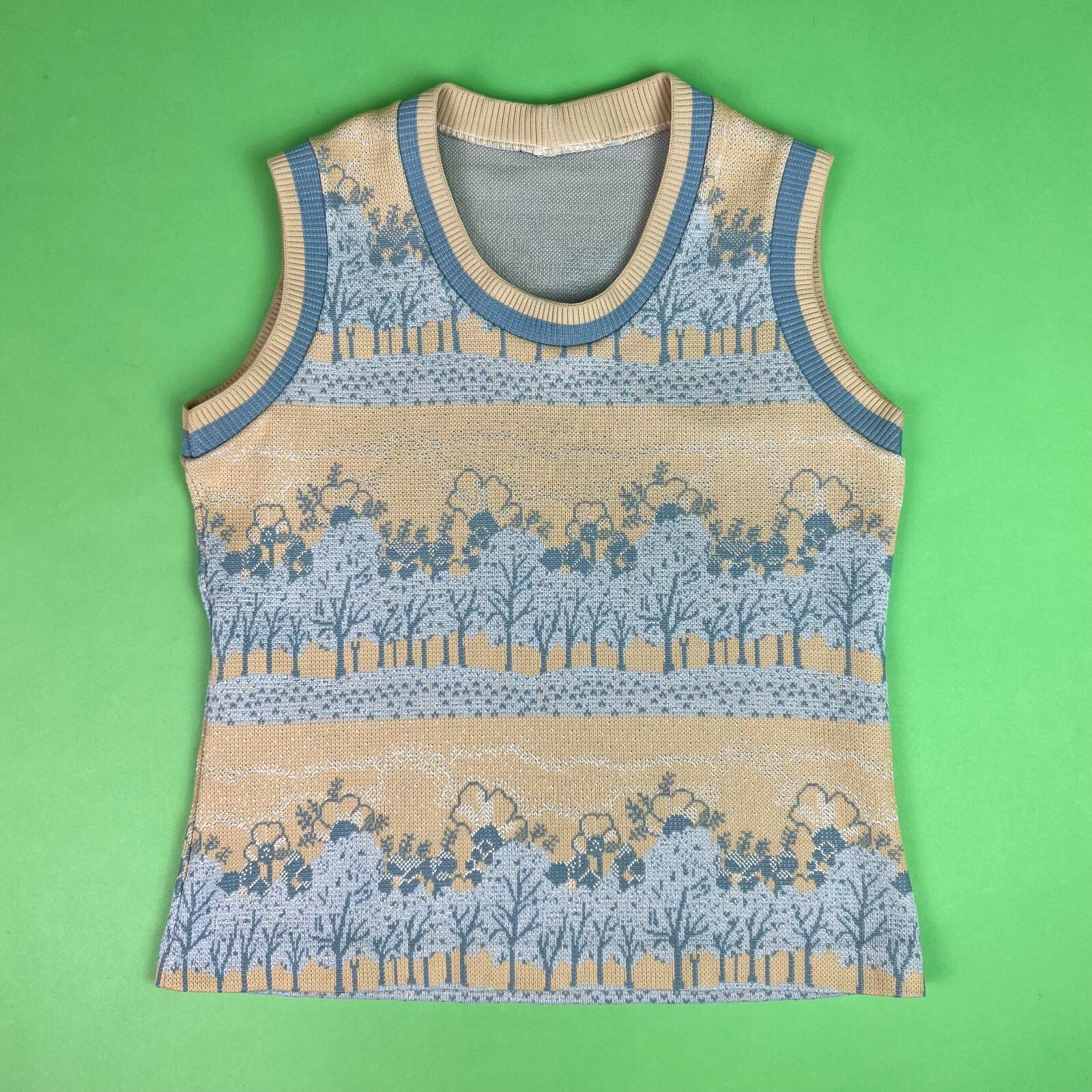 Vintage 70s Tree Landscape Novelty Sleeveless Knit Top Vest Size Medium