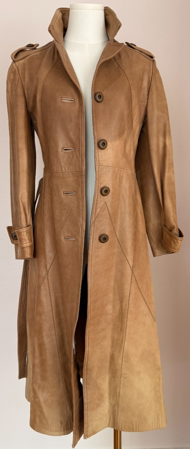 Vintage 100% Leather Trench Coat XS XXS Tan Belted Jacket Handmade in Mexico