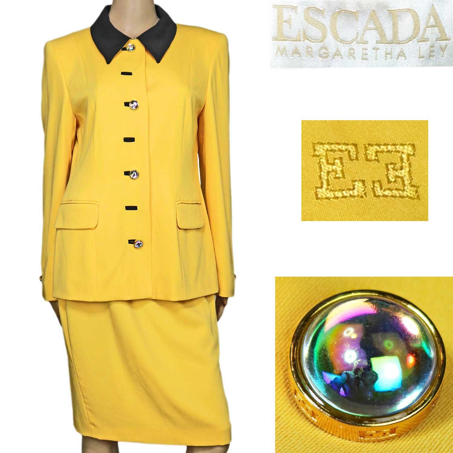 90s Vintage ESCADA Yellow Skirt Jacket Suit Set Glass Logo Buttons Fall 38/10