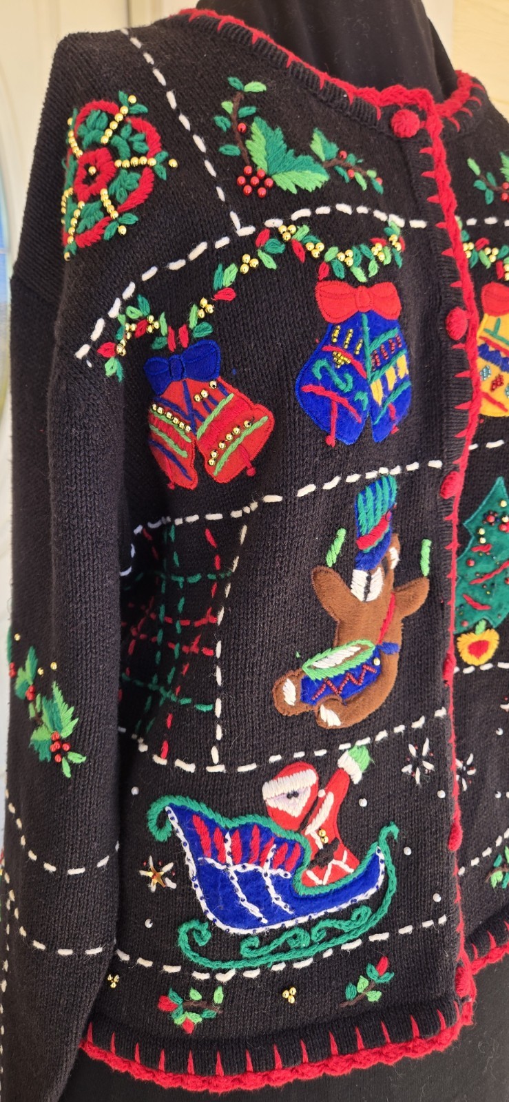 1990s HAMPSHIRE STUDIOS Black Christmas Cardigan Beaded & Knit Details Size L