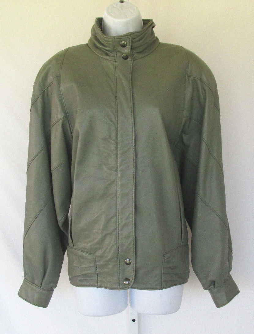 VINTAGE 1980s 90s BAGATELLE LEATHER JACKET GRAY GREEN LAMBSKIN? SIZE 10 LINED