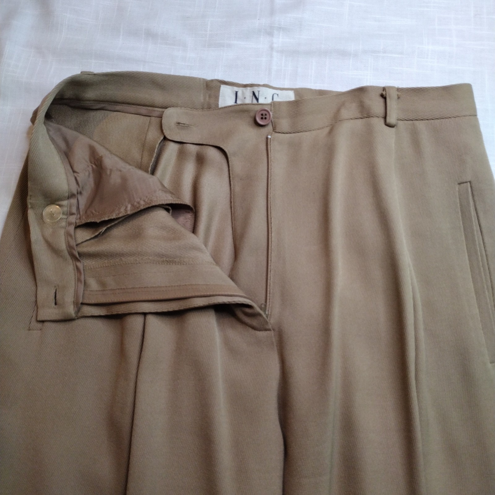 INC Womens 12 Silk Wool Blend Vintage Pleated Zip High Waist pants Trousers Tan