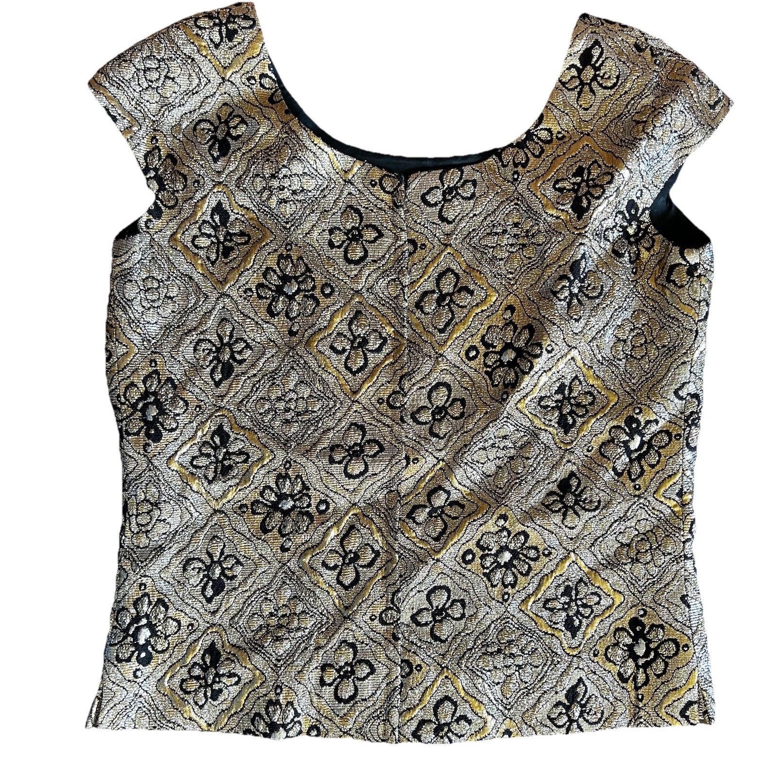 1960’s Vintage Gold Brocade 2pc Dress Skirt Top Sleeveless Geometric Size Small