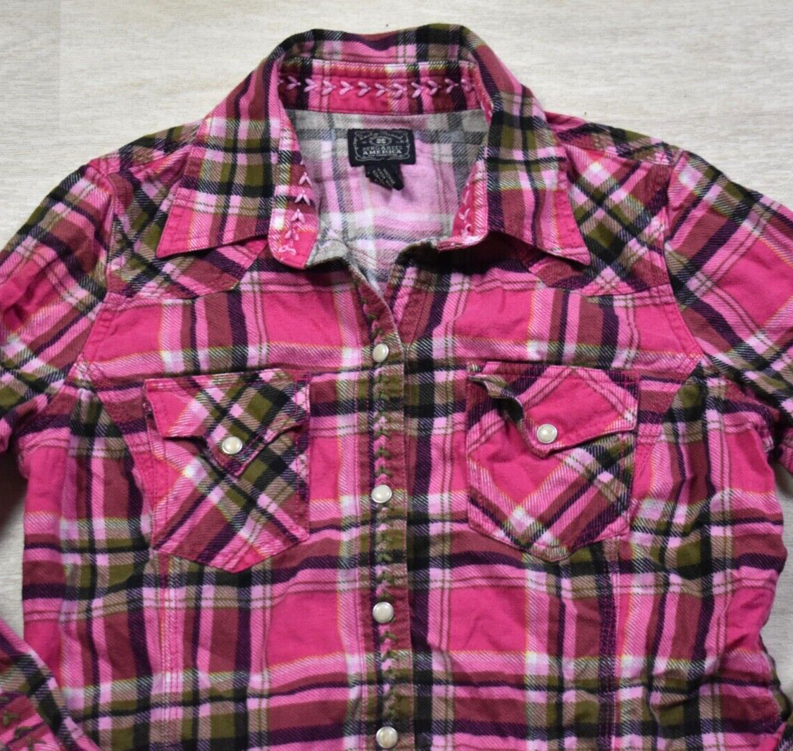 90s Lucky Brand Dungarees Womens Flannel Pearl Snap Western Shirt Small VTG