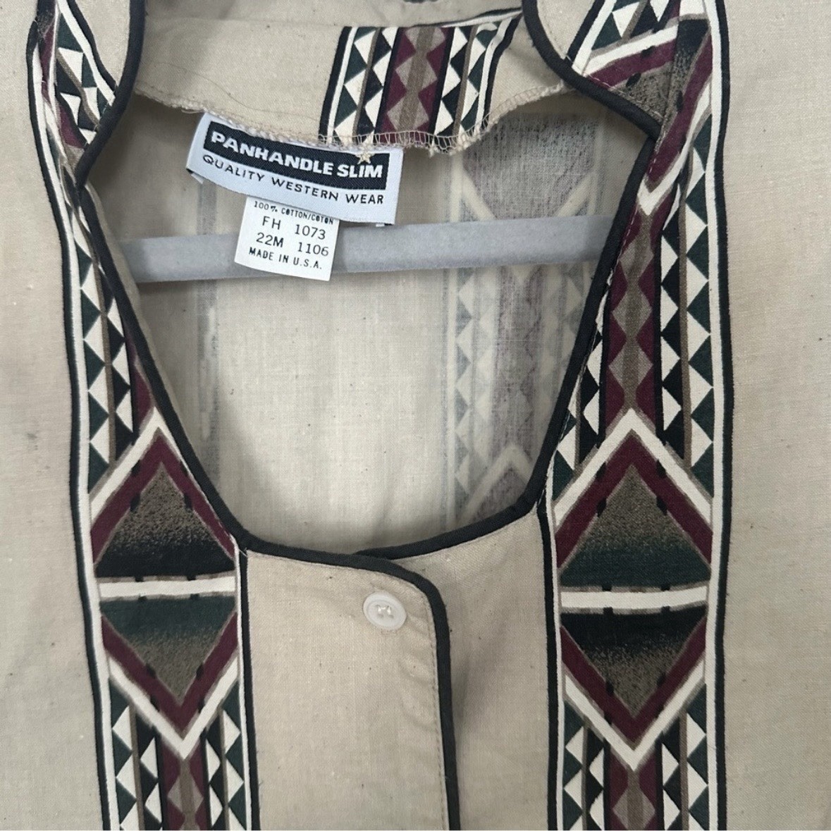 Vtg Panhandle Slim Aztec Shirt Tan & Brown Rare Scoop Neck Western Cosplay Sz M