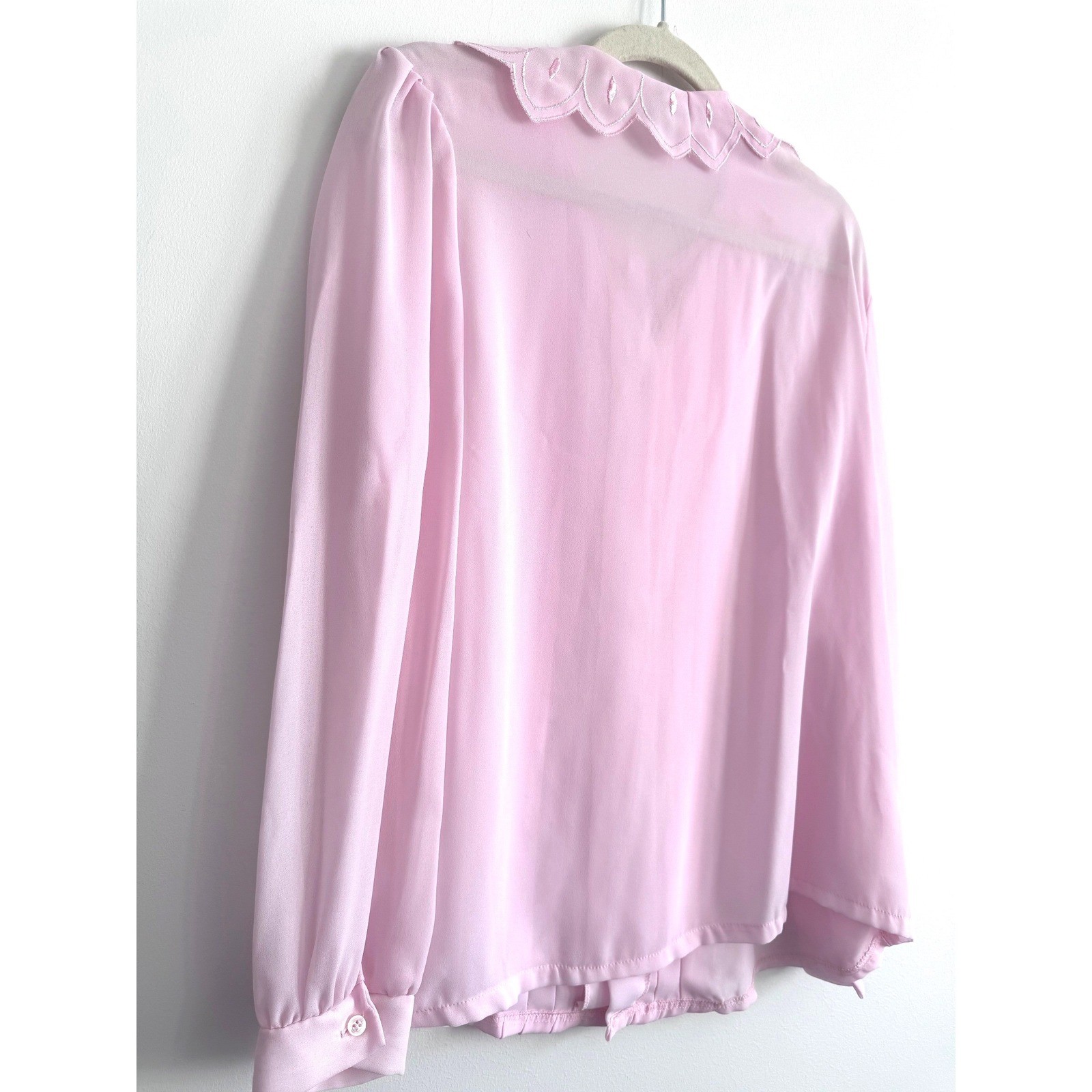 Vintage 80s Pink Pleated Embroidered Blouse Cottagecore Coquette Style Size L