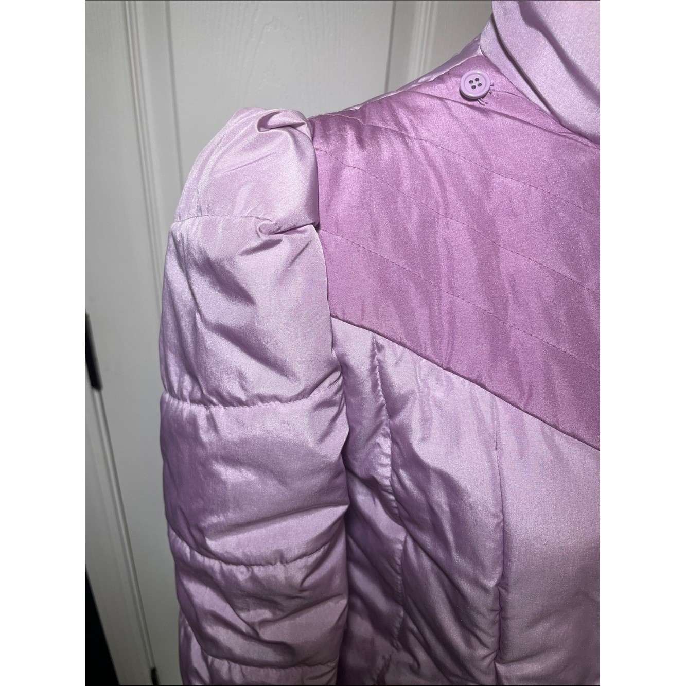 VTG 80s Rothschild Lavender Puffer Coat Asymmetric Colorblock Leg-O-Mutton