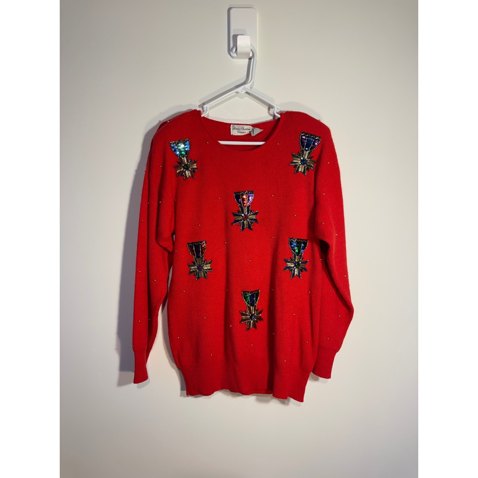 Marisa Christina Classics Vintage Red Beaded Sequin Crest Angora Wool Sweater