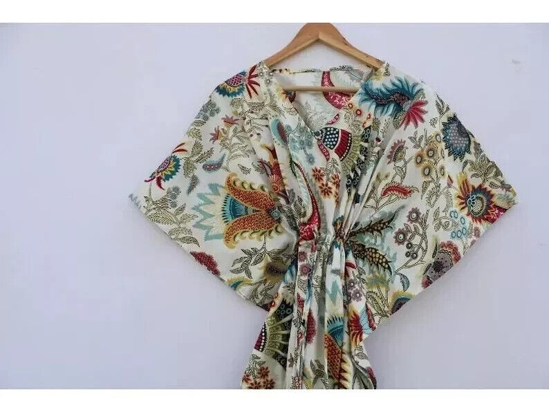 Flower Hand Block Print Sleepwear Maxi Dress Kimono Rabe Women Dress Long Caftan
