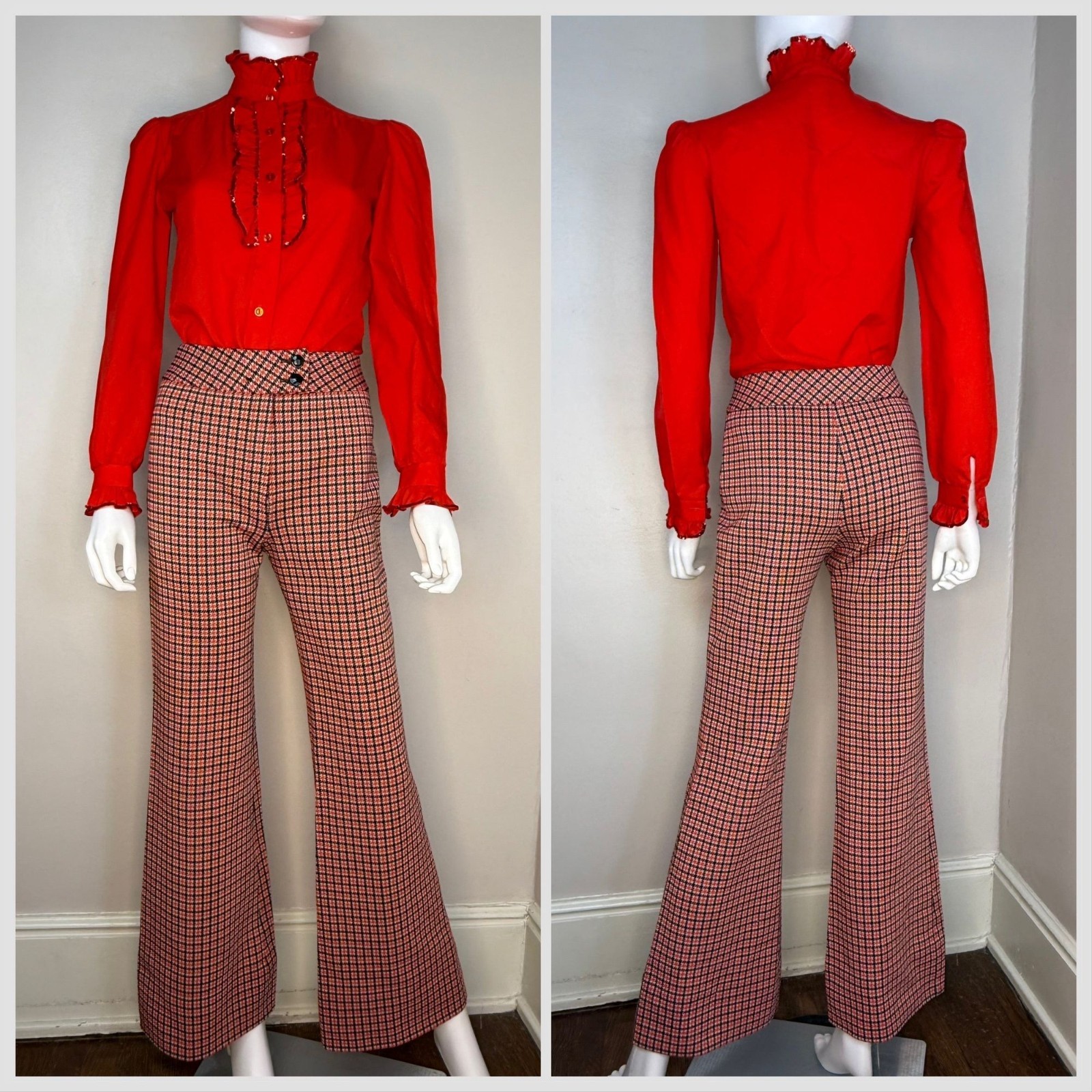 Vtg 1970s Plaid Flare Leg Double Knit Slacks Corinth Street 70s Bell Bottom Pant