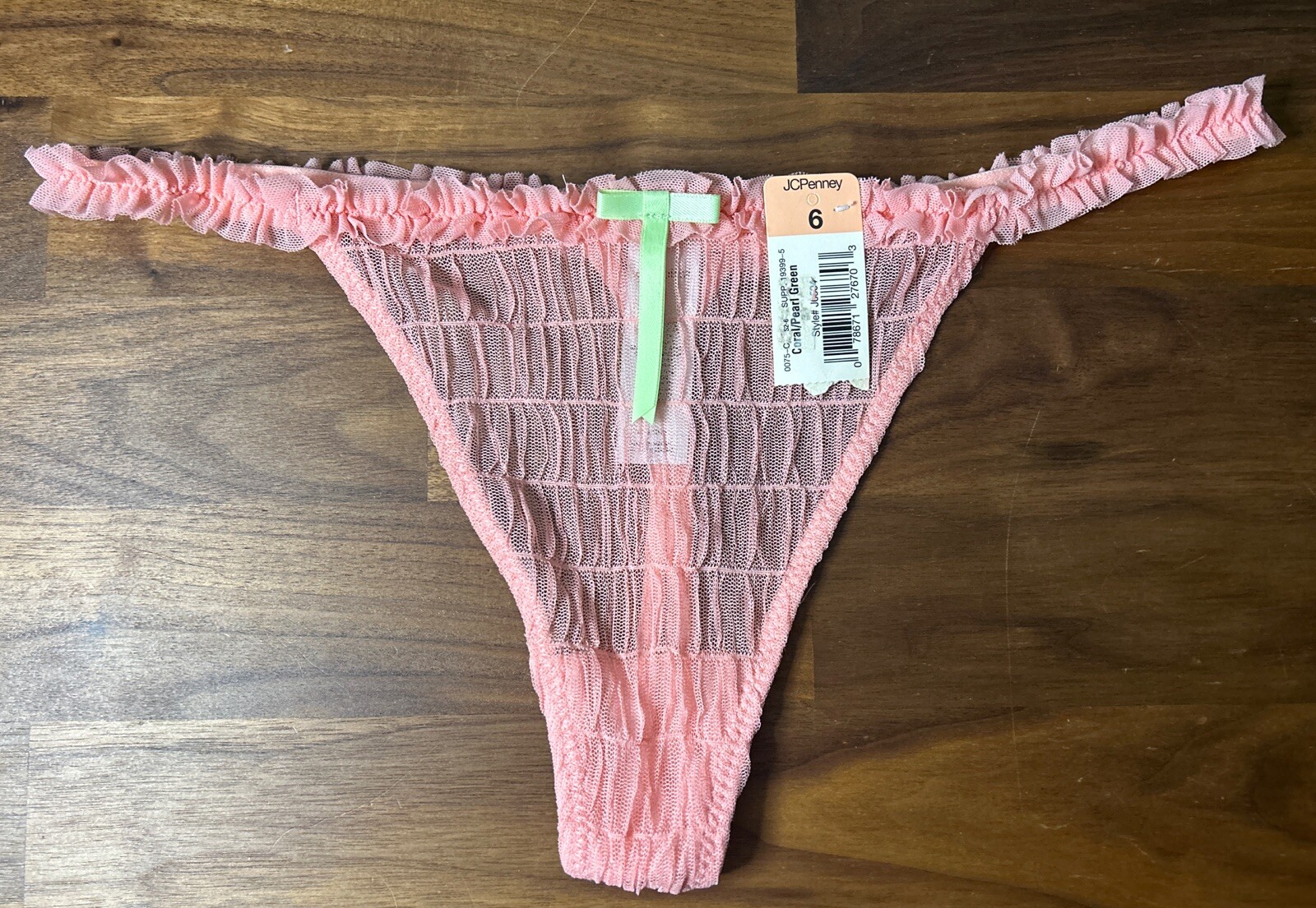 NWT Vtg Delicates Thong Chiffon Lace Frilly String Panties JCPenney Size 6 Pink