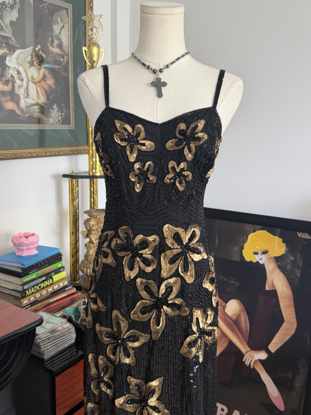 Vintage MEGRE Pure Silk Beaded Sequin Floral Evening Dress Black Gold Size S-M