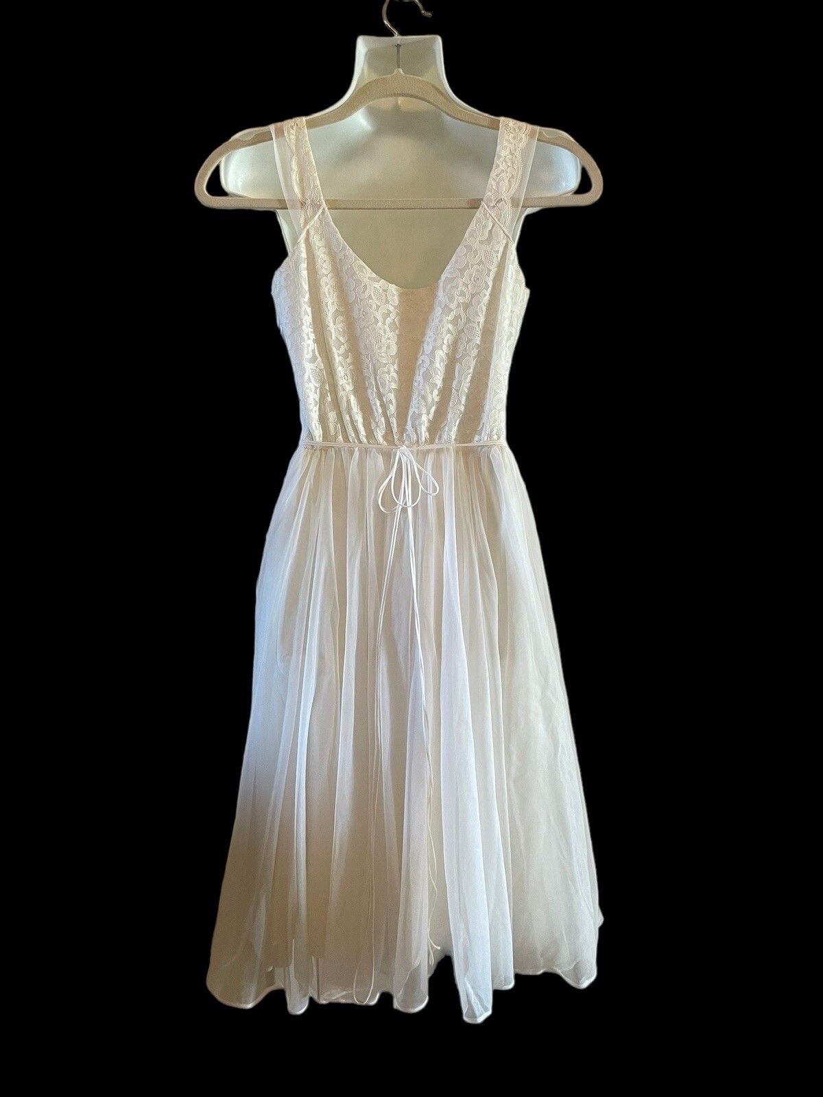 Vintage 50’s Shadowline Nylon Chiffon Lace Nightgown Bridal 32 Ivory Belt Waist