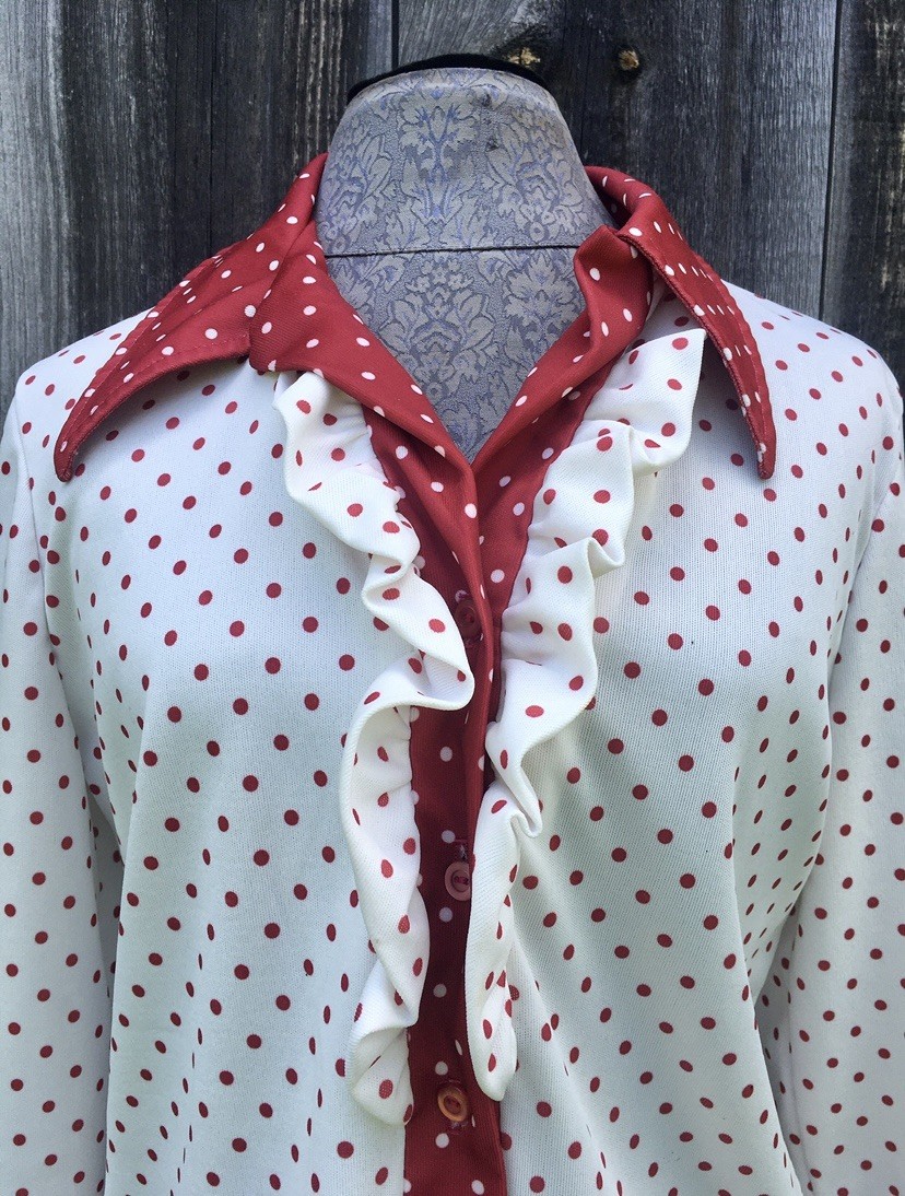 Vintage 70s Devotte Ruffled Polka Dot Shirt Blouse Women’s Large Rockabilly