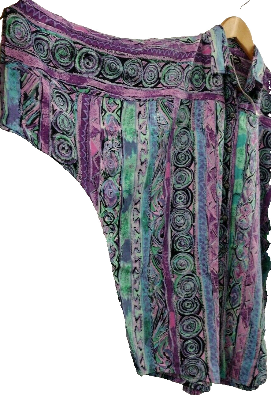 90s Lavender Purple Button Shirt Rayon Batwing Tribal Pattern DEADSTOCK UNISEX