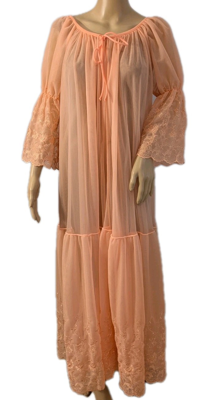 Vtg 50s Jenelle of California DBL Chiffon Sheer Ruffles Peach Robe Sz Petite