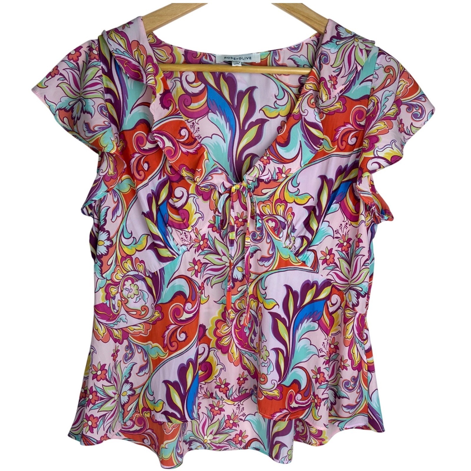 Rose & Olive Babydoll Blouse Medium Pink Paisley Floral Flutter Sleeve Bow Top