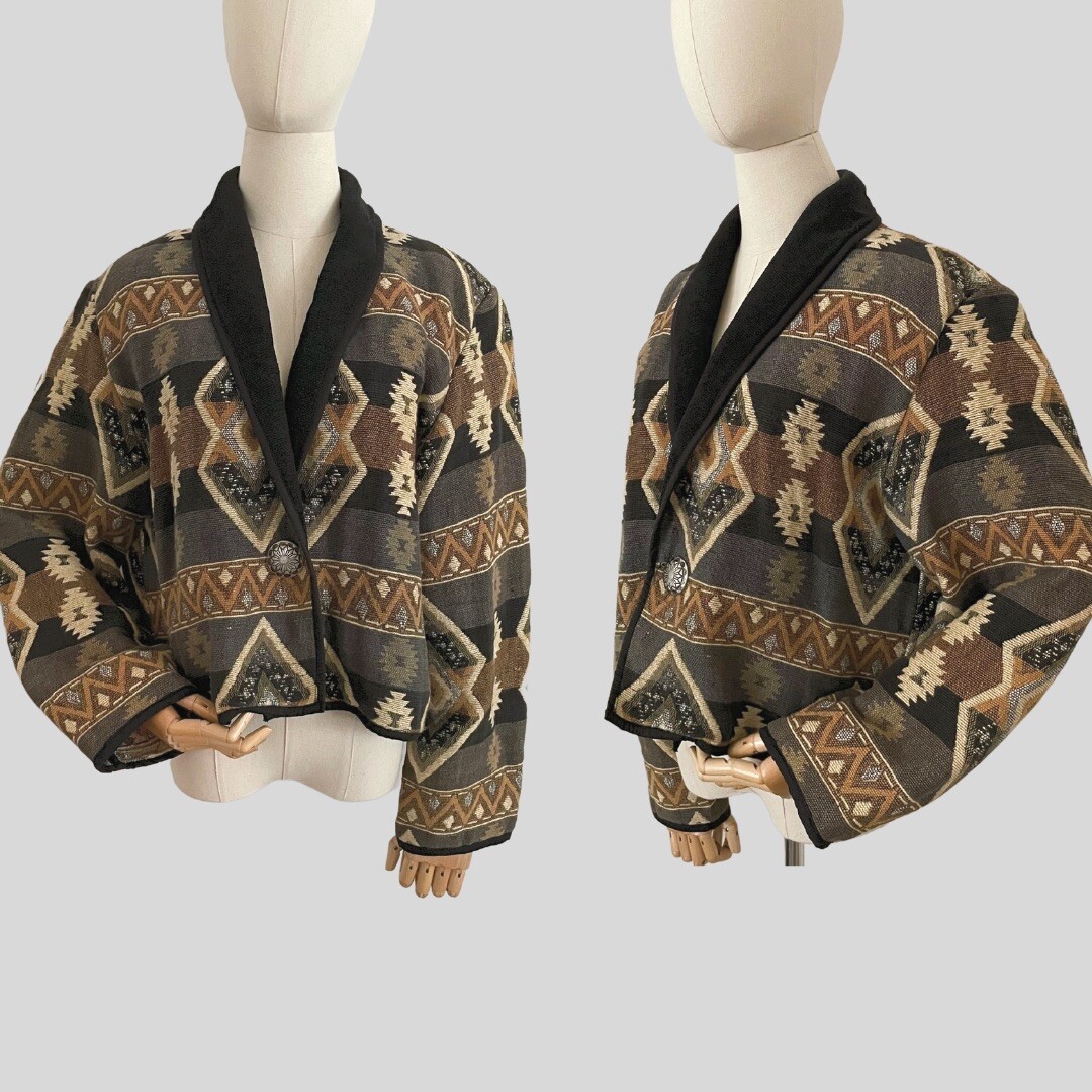 Vintage 90s Jacket Oversized New Identity Black Brown Cream Native American