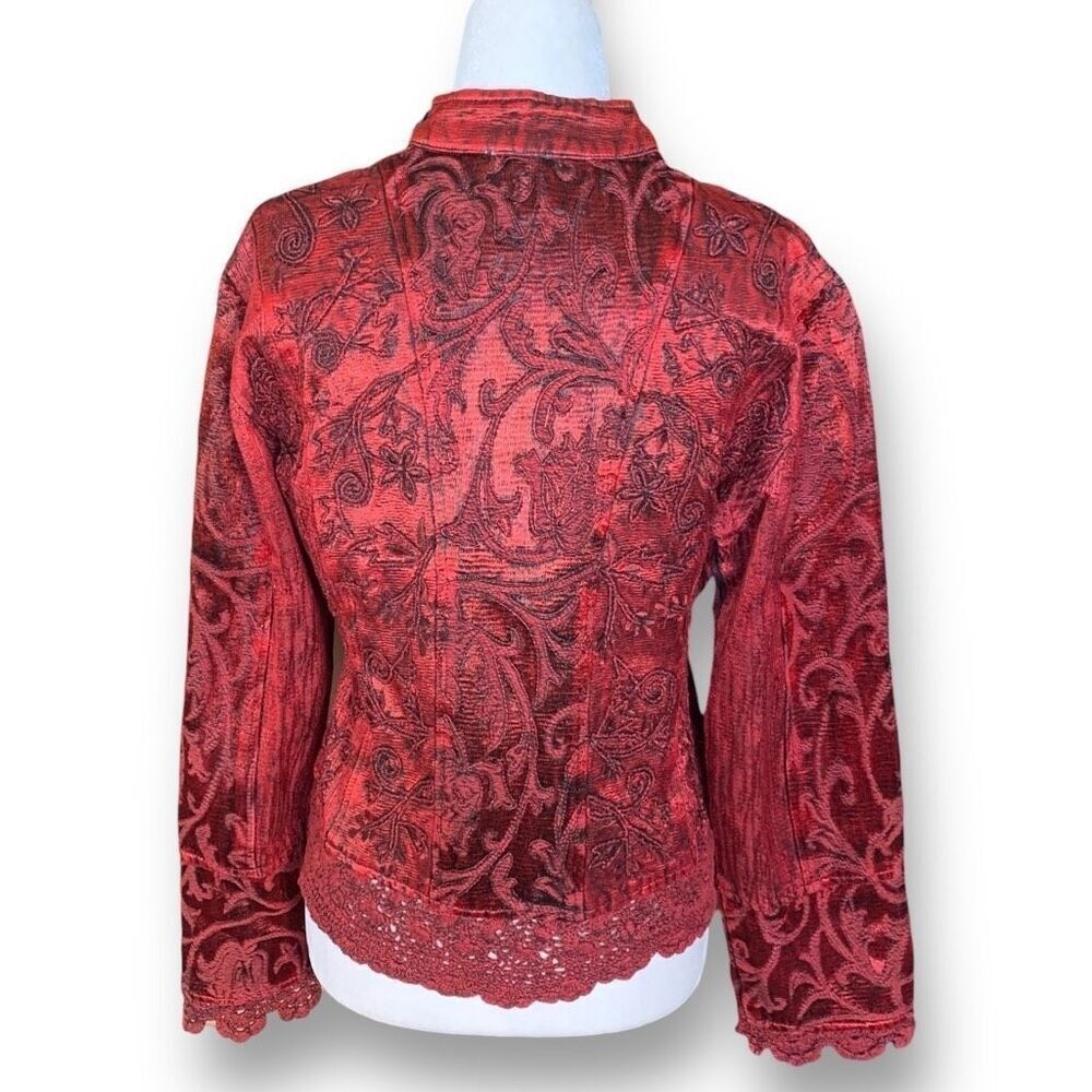 Vintage Flashback Jacket Metallic Cherry Red Floral Detail Lace Embroidery