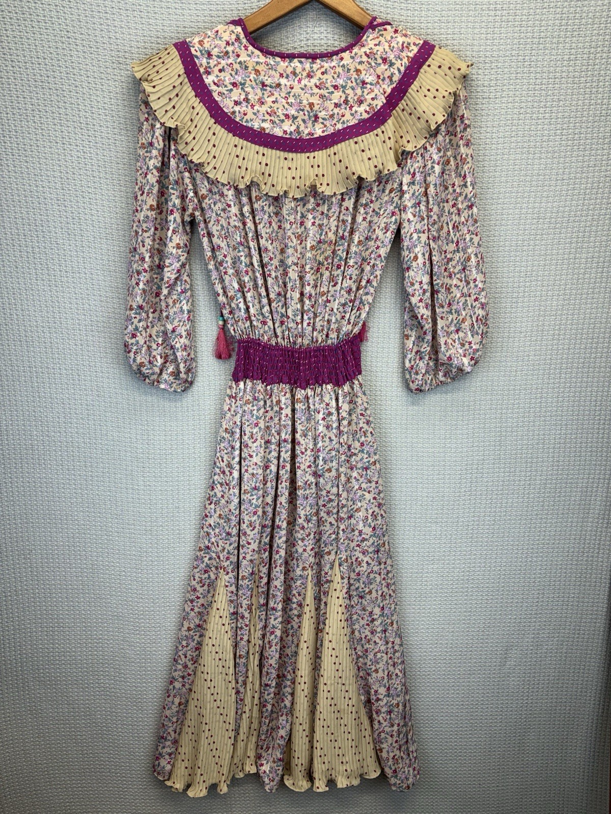 Vintage Lachine Boho Prairie Floral Midi Dress Small Pleated Ruffle Cottagecore