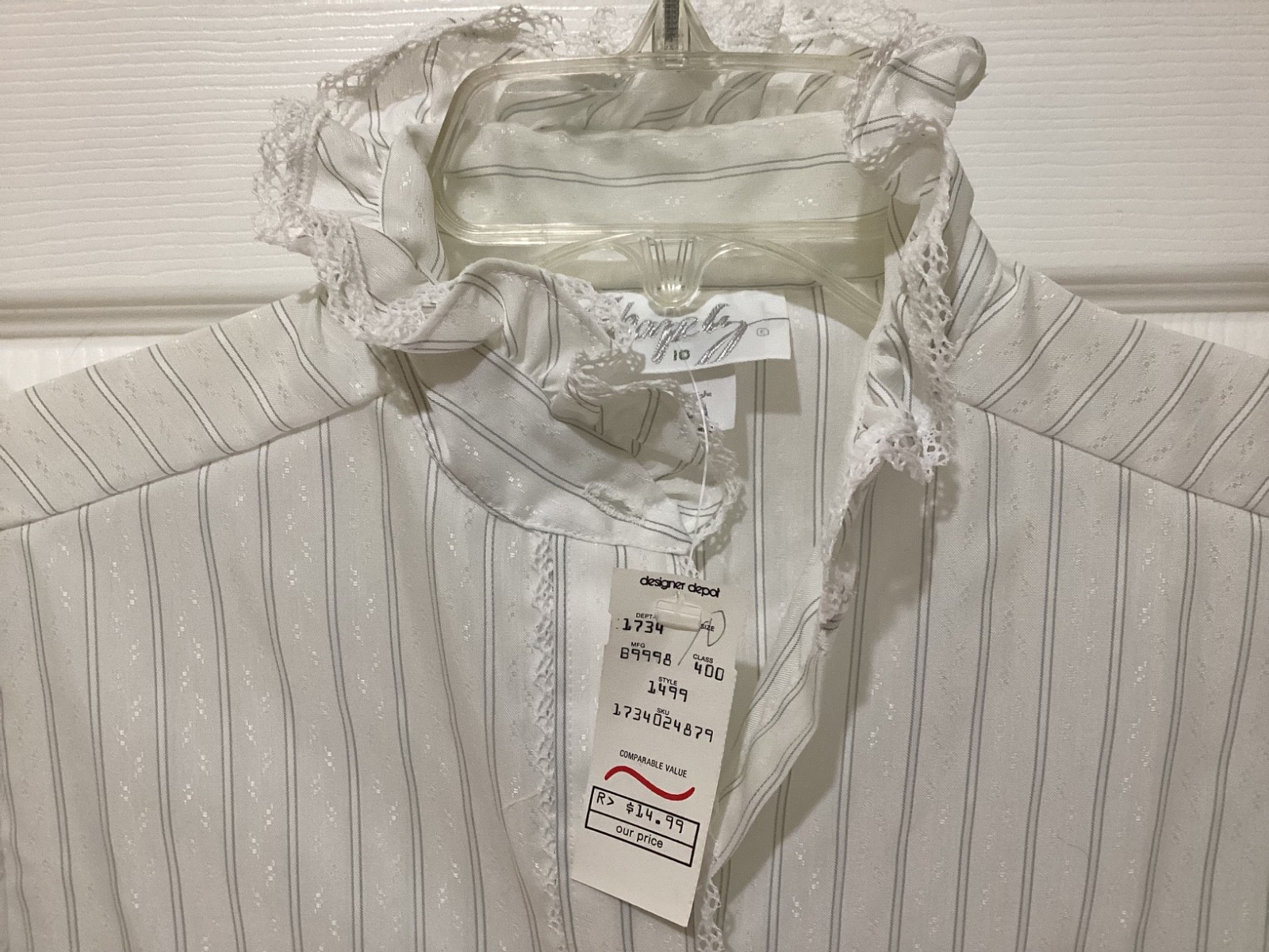VTG 80s 90s Shapely Striped Ruffled Collar Shirt Button Down~10~NOS ~NWT