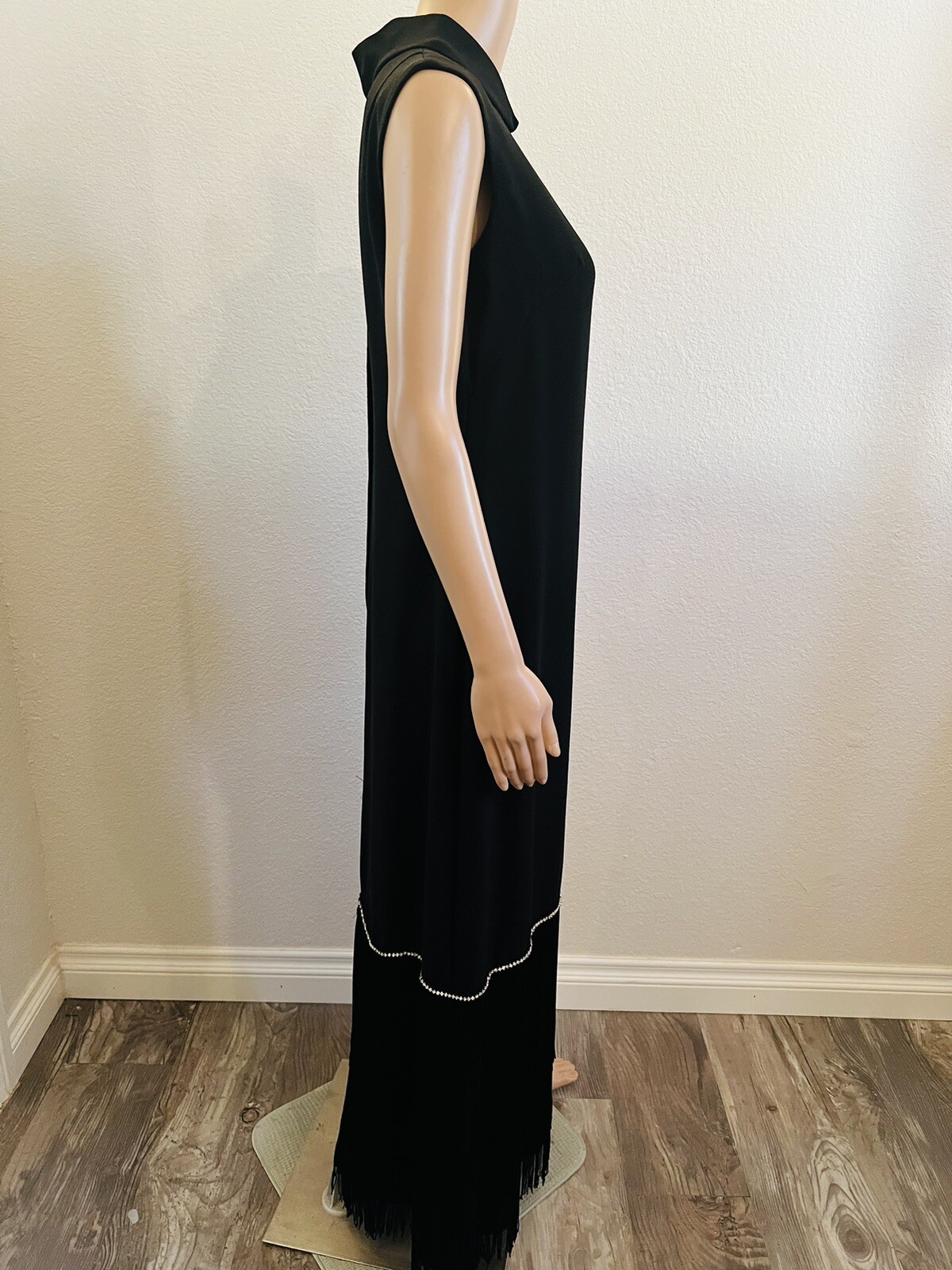 VTG 1960s Pavillon Design Black Evening Gown Maxi Dress Fringe & Rhinestones M*