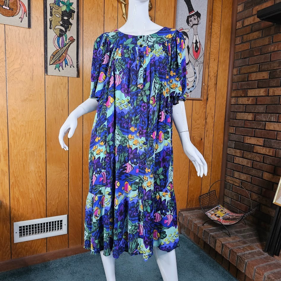 Vtg Mrs. Roper Lounge Caftan Volup Muumuu Tropical Fish Patio Pool Dress L/XL