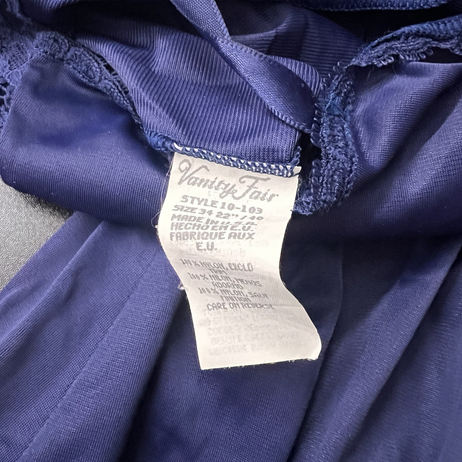 Vintage Vanity Fair Blue Slip Dress Lace Detail Adjustable Straps Size 34