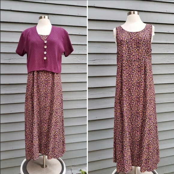 Vintage 90s y2k Floral Sleeveless Sundress Purple Cardigan Set Maxi Dress 14