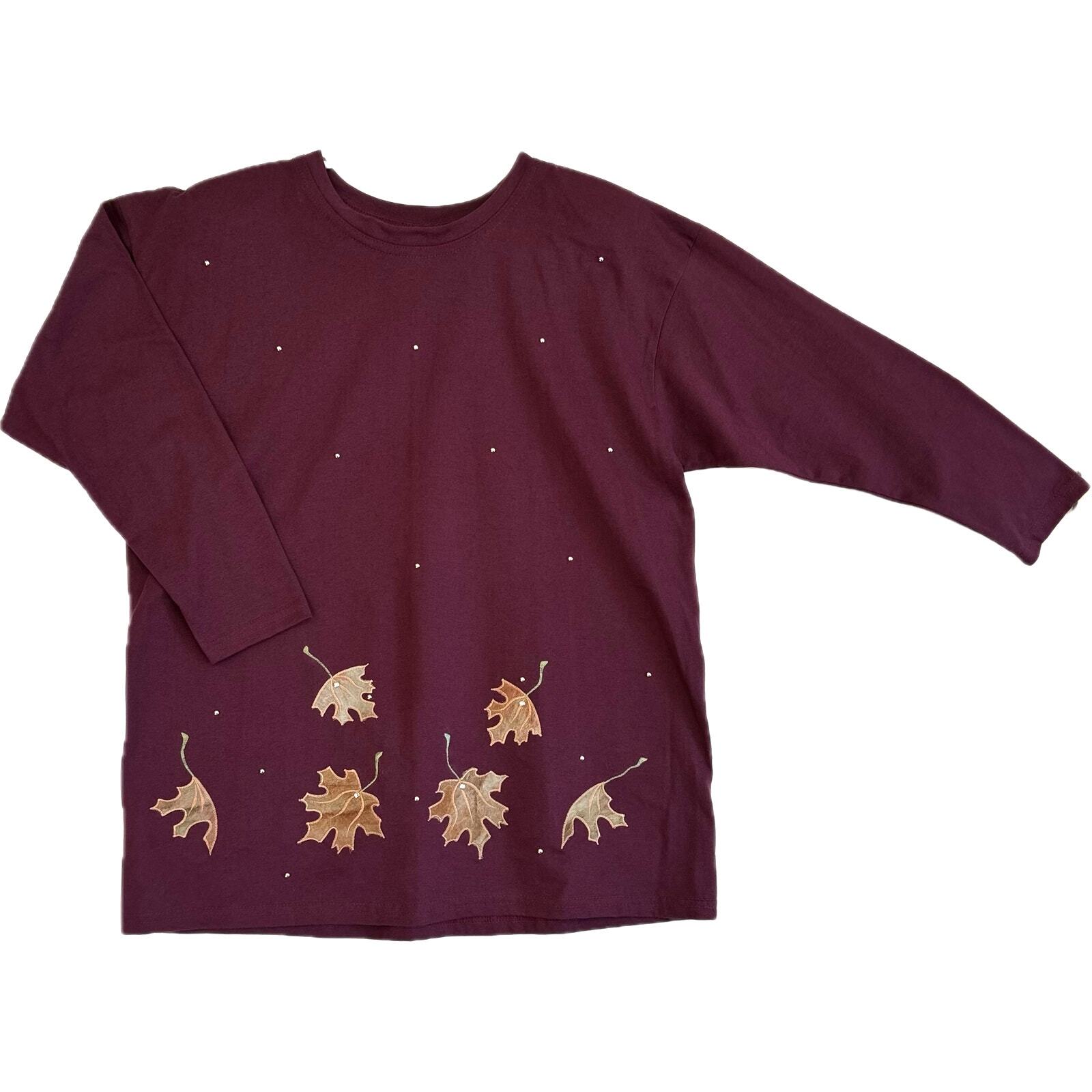 SUPERLINE Vintage Cotton Long Sleeve Tee Shirt Women’s One Size Burgundy Leaves