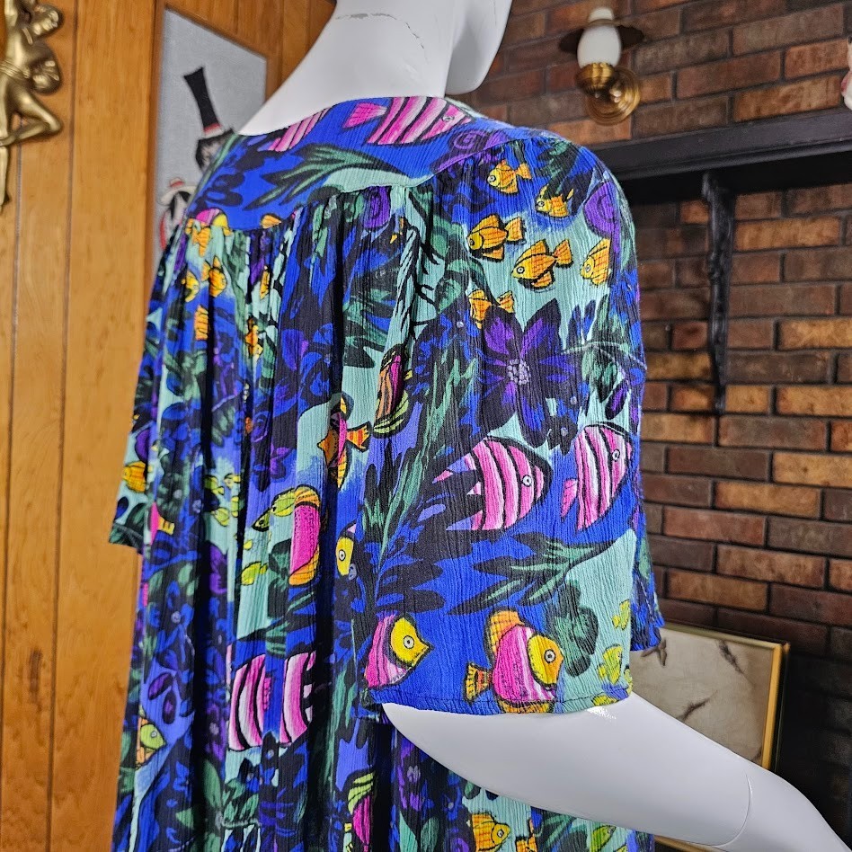 Vtg Mrs. Roper Lounge Caftan Volup Muumuu Tropical Fish Patio Pool Dress L/XL