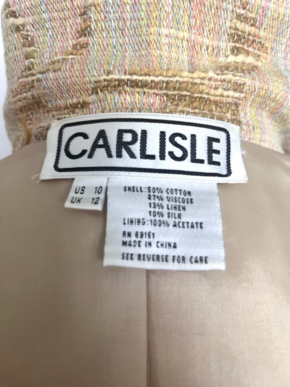 Vintage Carlisle Blazer Women’s Size 10 Tan Pink Cherry Cotton Silk Linen Rayon