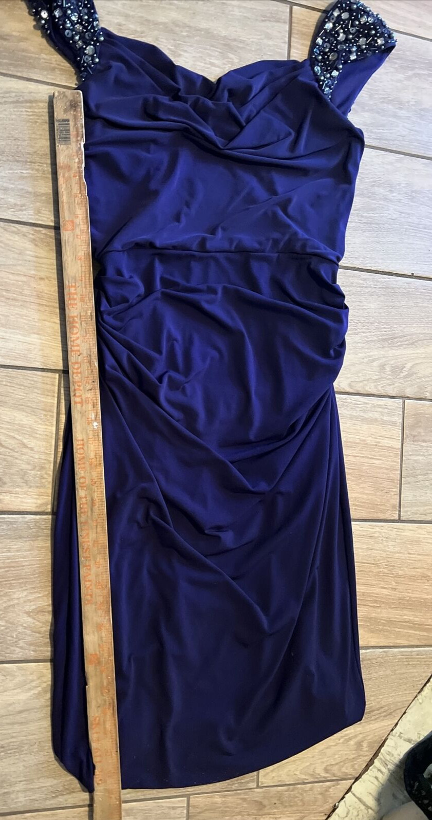 VTG MAGGY LONDON PURPLE RUCHED W/BEADED GEMS SHORT SLEEVES DRESS STUNNING xb8