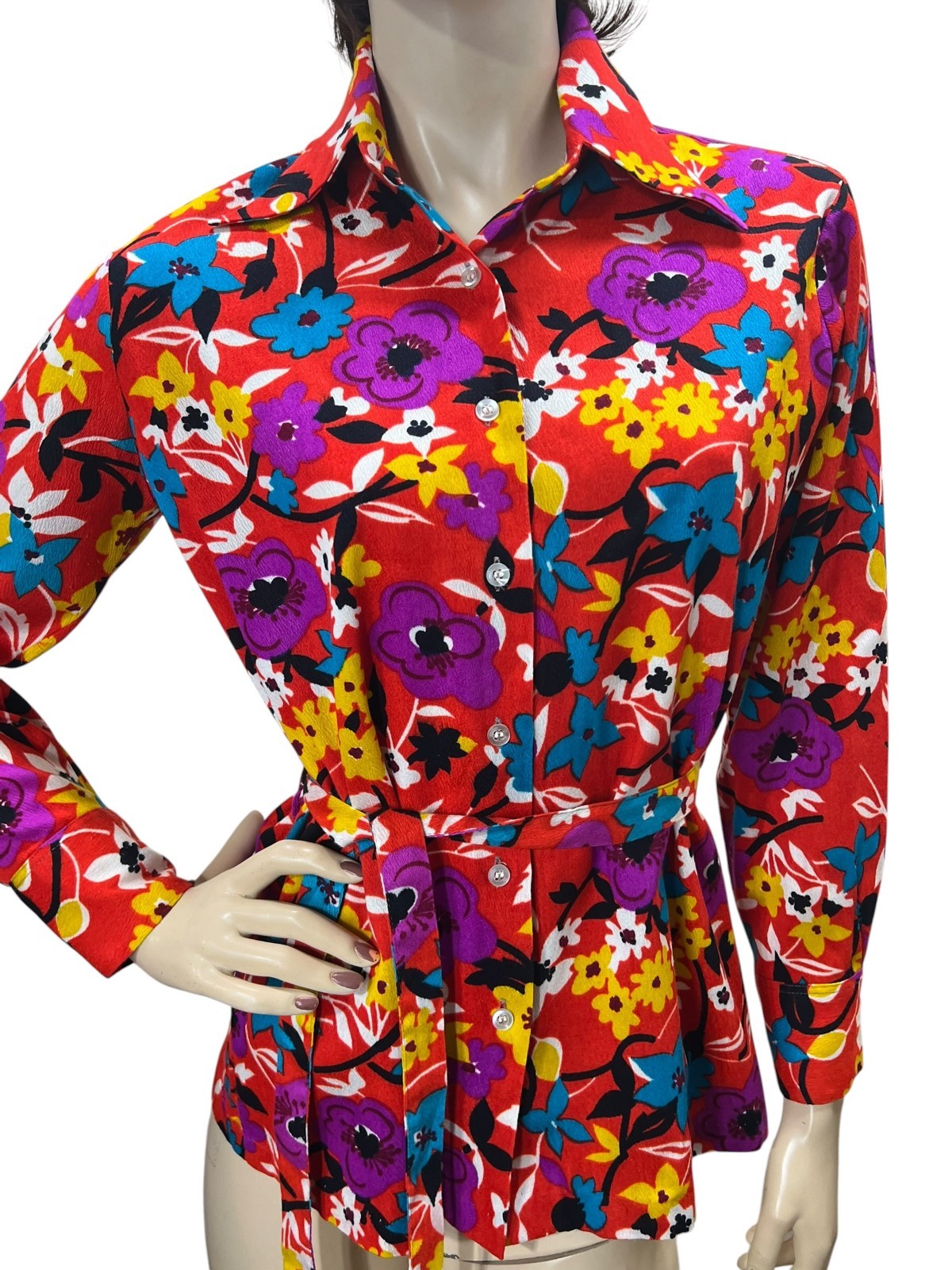 Vtg 70s Sz 36 L Shirt Dagger Collar Joyce Lane Barkcloth Acrylic Flower Power