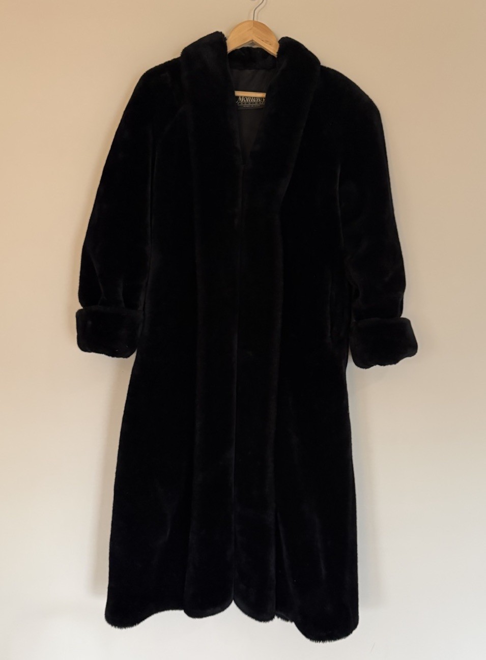 Vintage Monterey Fashions Faux Mink Fur Coat Womens Black Full Length USA Sz S