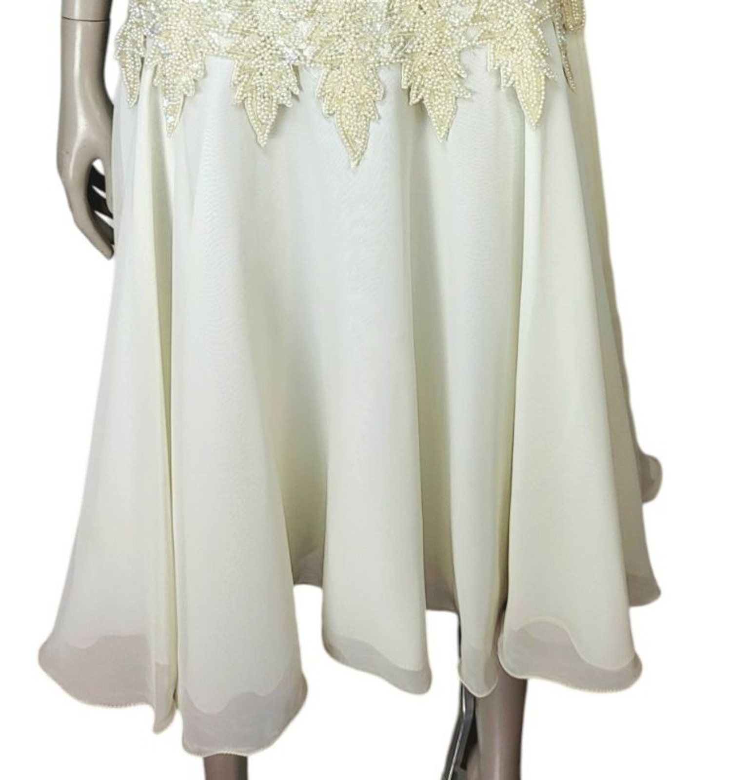 Vintage Laurance Kazar Creme Pearl Beaded Sequined Tiered Chiffon Formal Dress