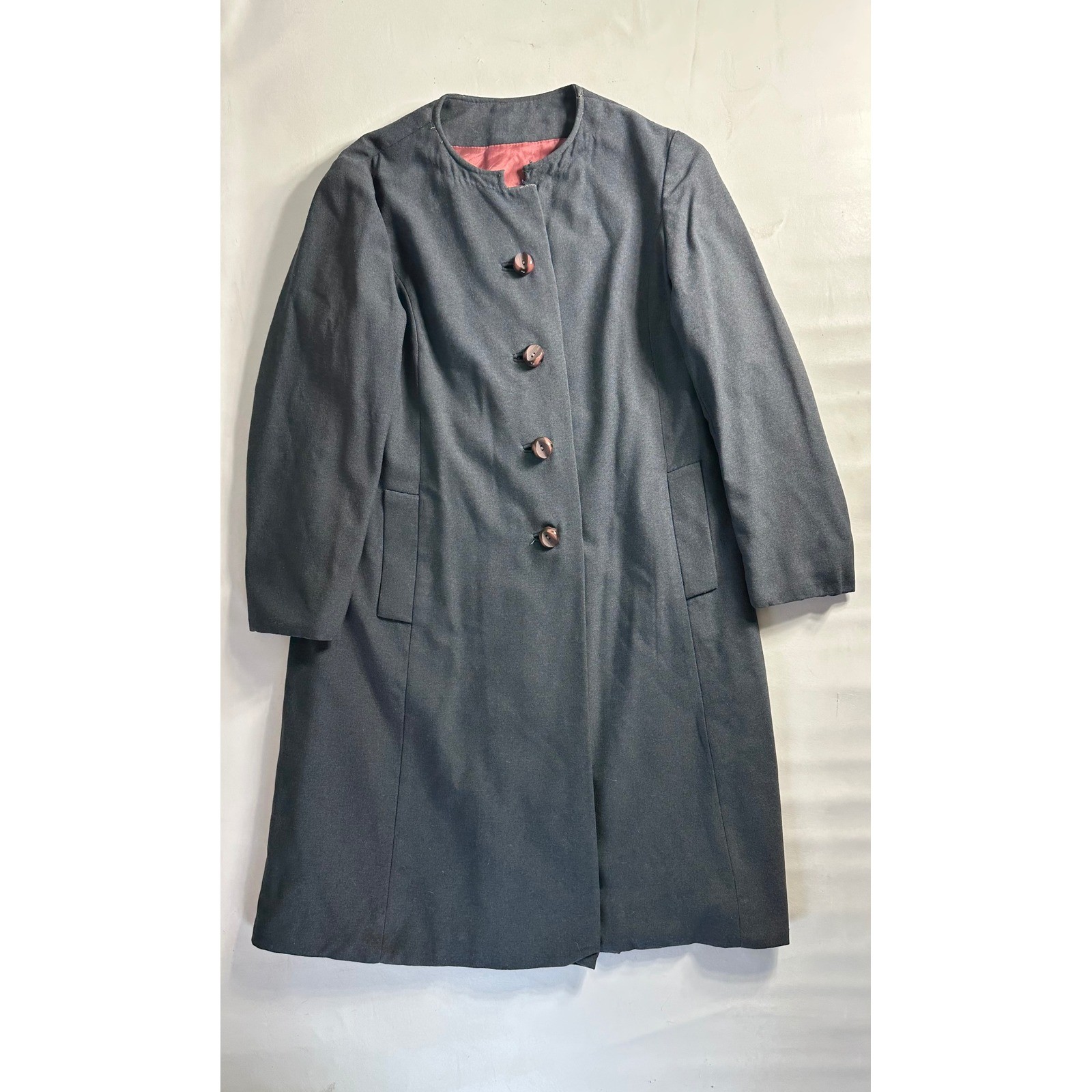 Vintage Shagmoor 60s Mod Charcoal Gray Wool Collarless Long Coat Pink Lining