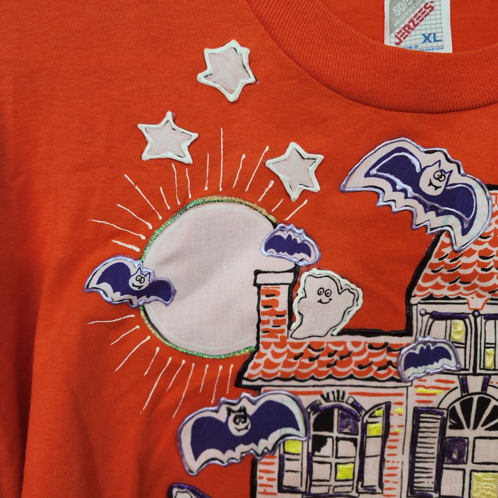 Vtg Jerzees Tee Painted Halloween Pumpkin Bats Ghost Haunted House 80’s 90s XL