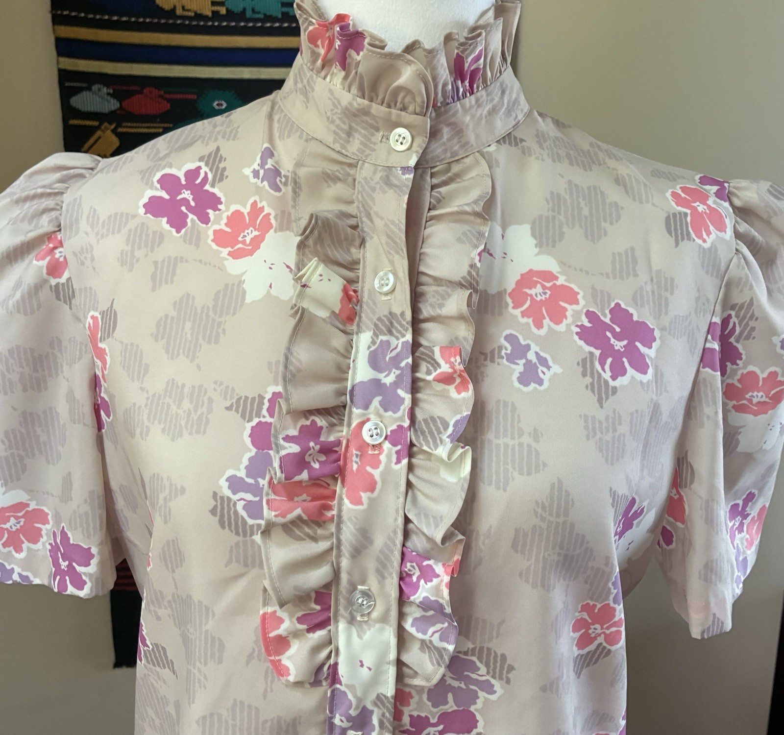 Vintage 80s Lucky Winner Ruffled High Neck Blouse Secretary Geek USA size M