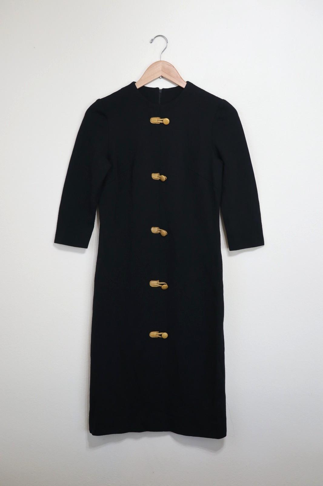 60s Vintage Kay Windsor Black Knit Jersey Yellow Buttons Sheath Dress Women XS S