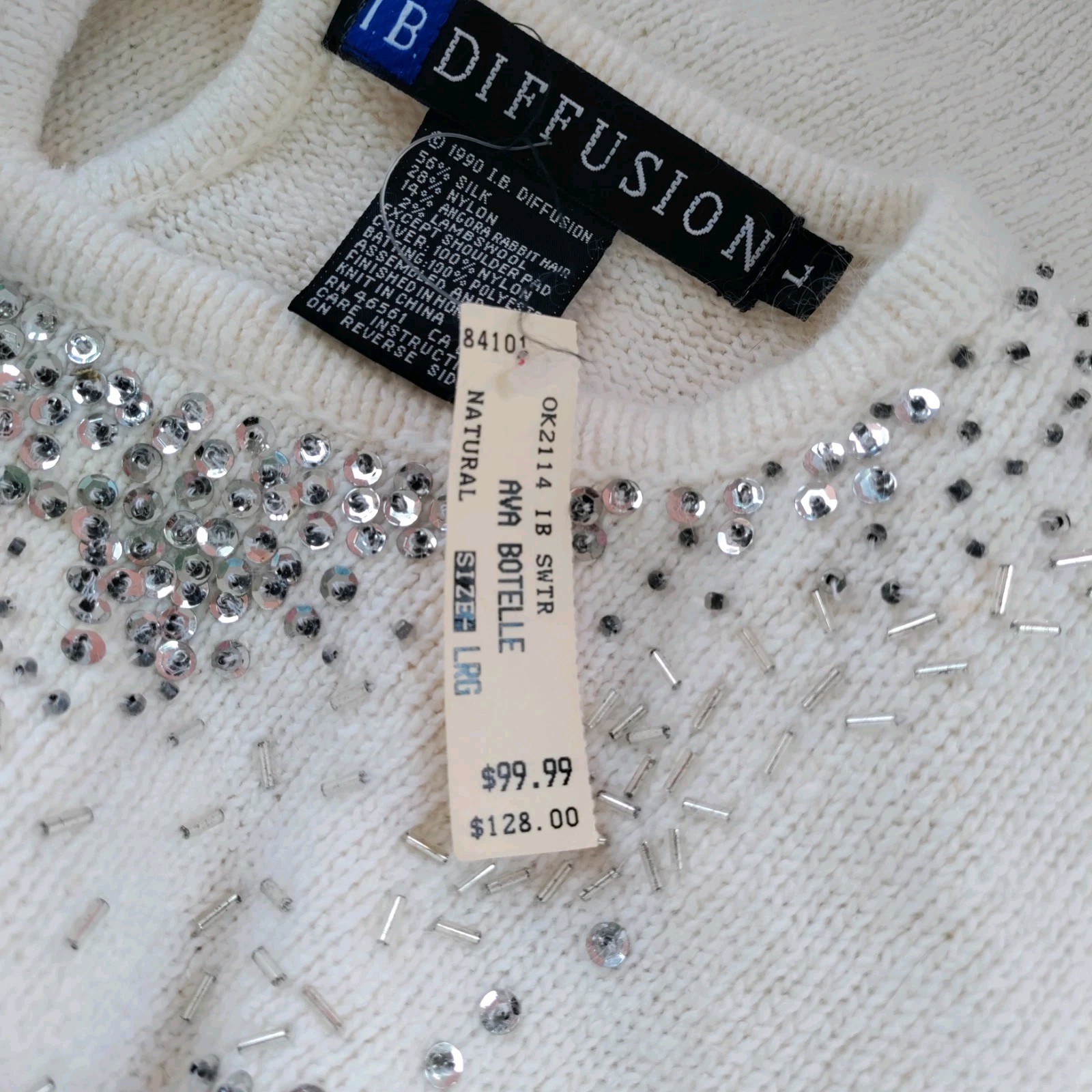 Vintage 90’s I.B. Diffusion Embellished Sweater Silk Blend Ivory Women’s Sz L