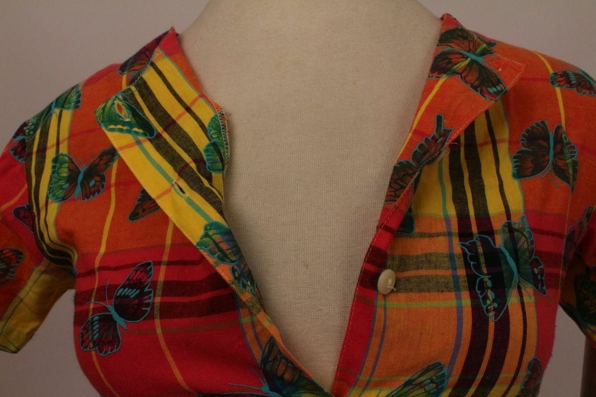 Summer Dress Short Sleeve Butterflies Belted Buttons Size 146 Cotton Vintage
