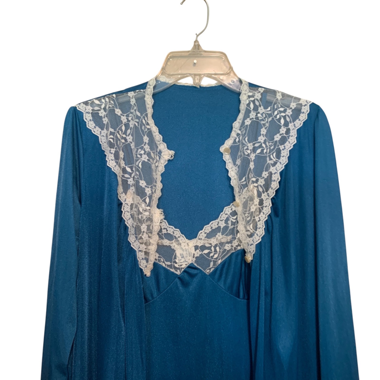 Vintage Stardust Long Teal Nightgown & Robe Set Lace Trim Modest 100% Nylon Sz M
