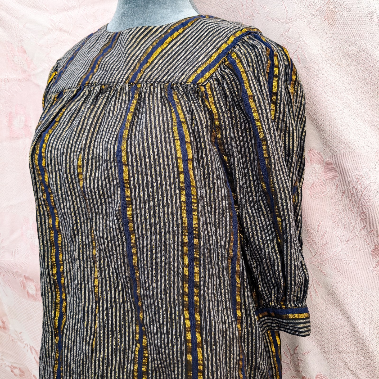 Vintage 70s Adini India Blouse S Navy Gold Lurex Metallic Stripe Boho Tunic Top
