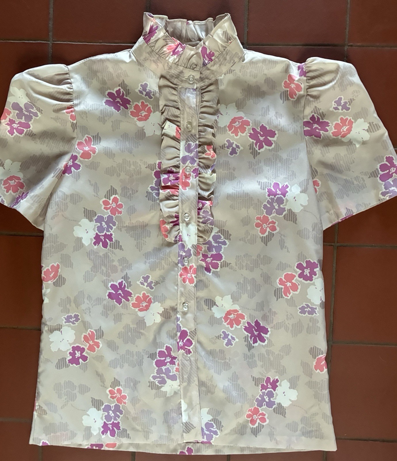 Vintage 80s Lucky Winner Ruffled High Neck Blouse Secretary Geek USA size M
