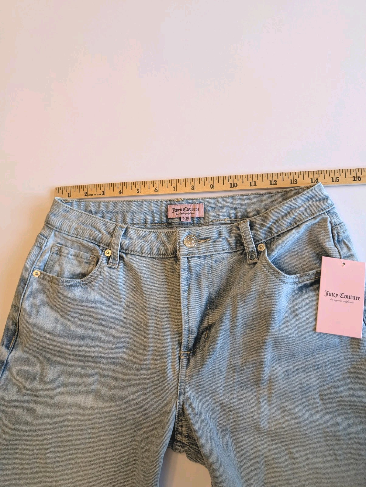 Juicy Couture Light Wash Rhinestone Embellished Jeans 7/28 Wide Leg Hi Rise Y2K