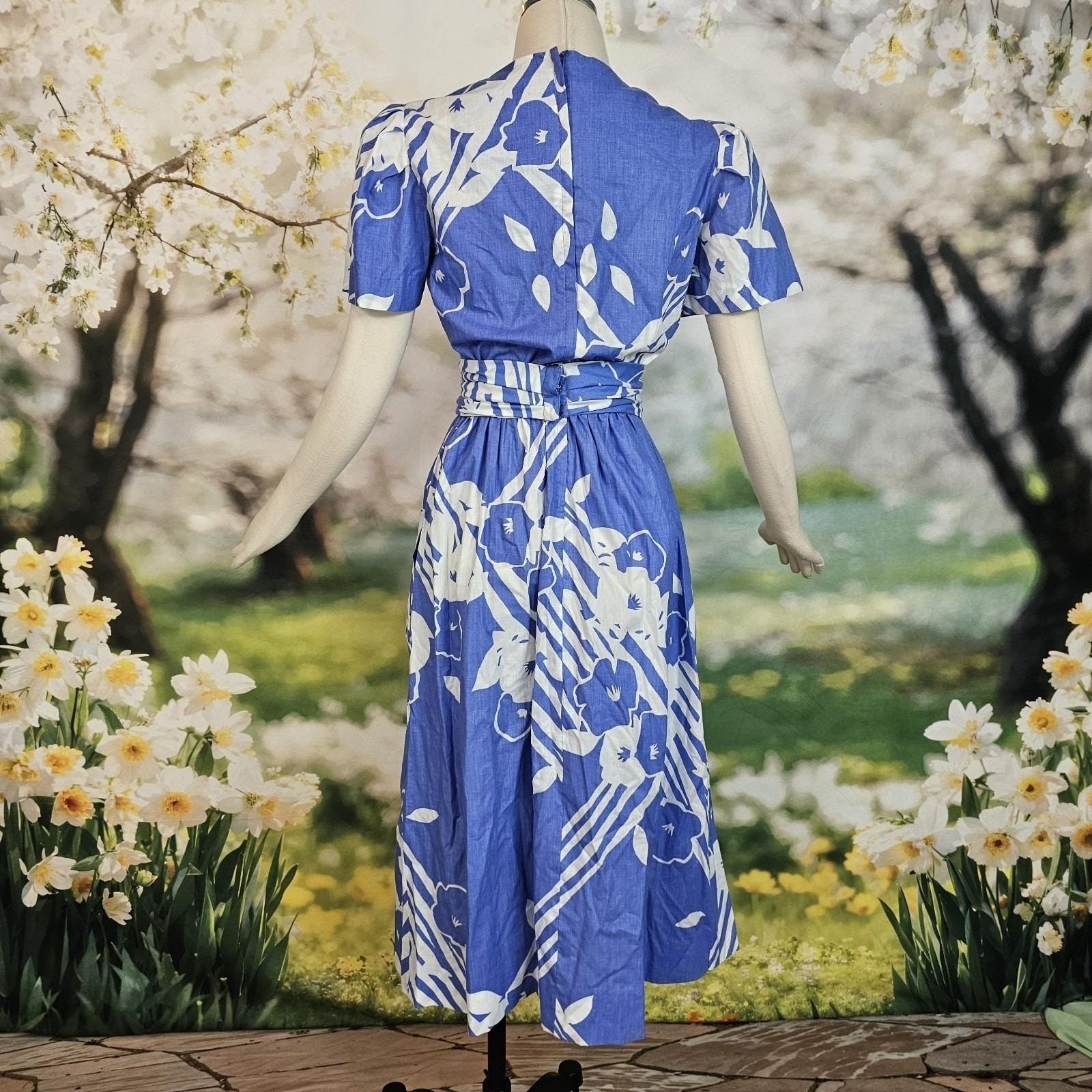 Vintage Faux Wrap Style Dress Sky Blue White Floral Print Fluttery Sleeves Gown