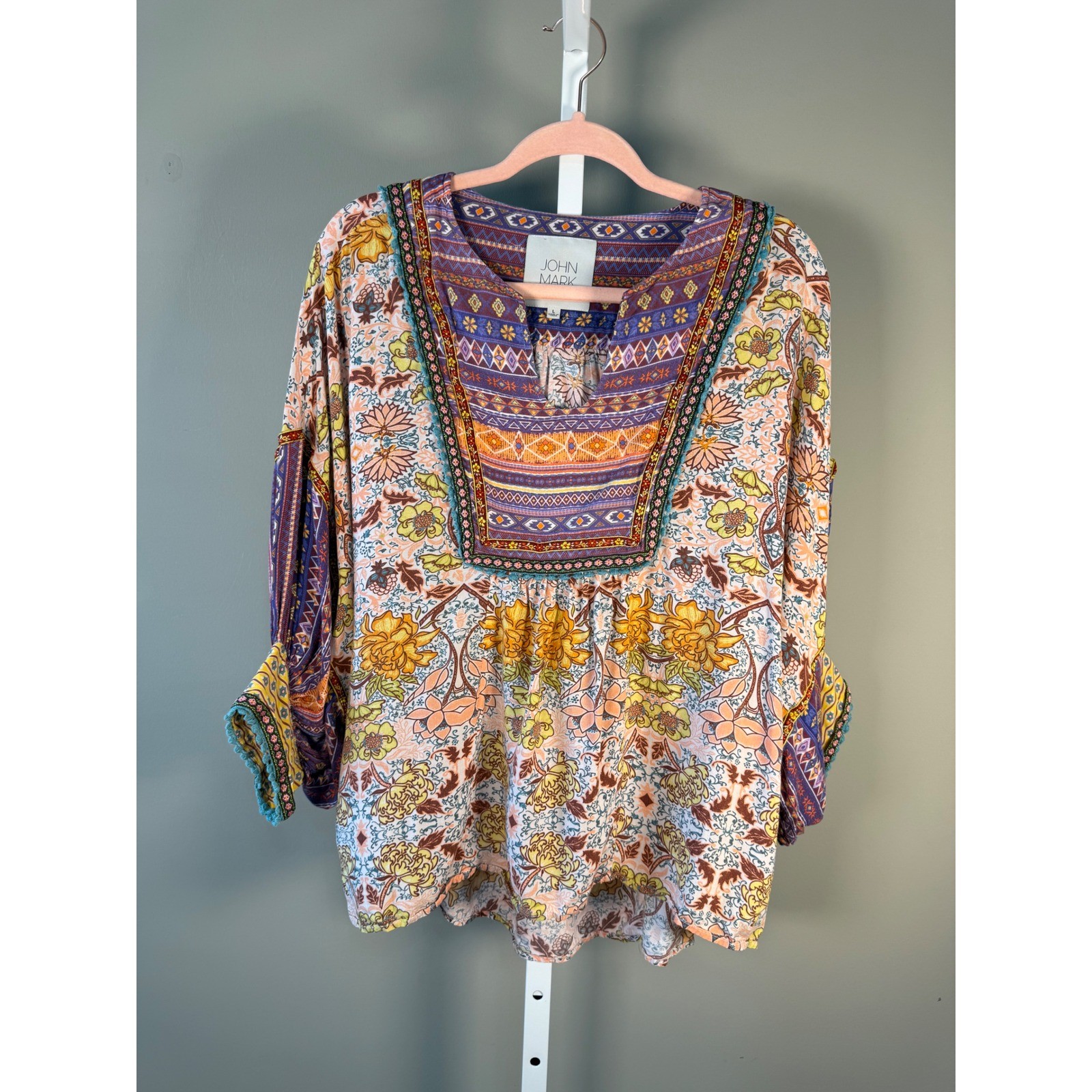 John Mark Boho Floral Mixed Print Tunic Blouse L Artsy Cottagecore