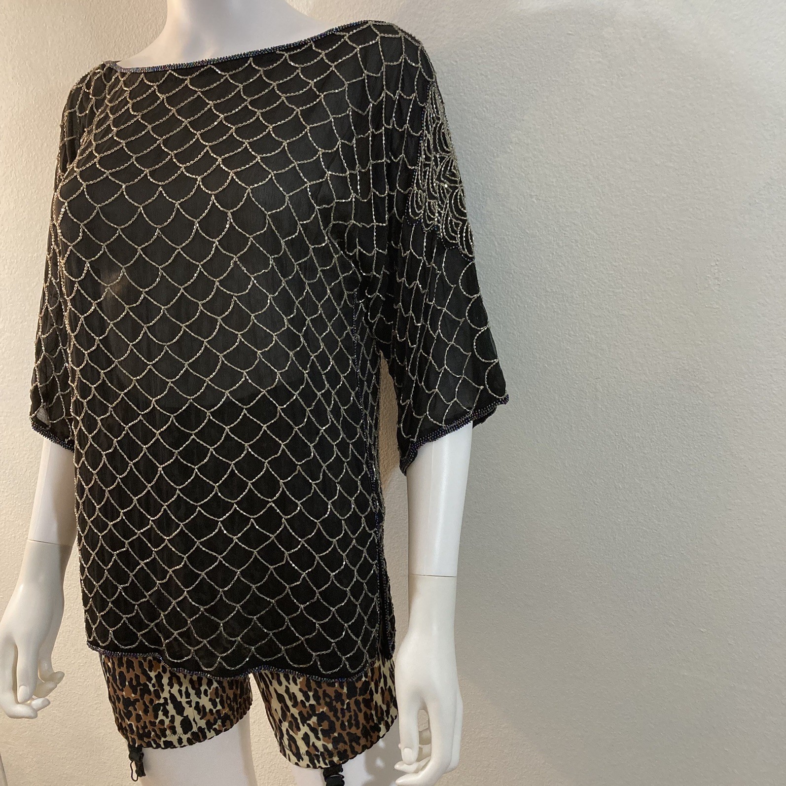 Beaded 100% Silk Blouse, Vintage Shomax Black and Silver Top, Size Small
